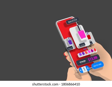 The girl holds a mobile phone with the interface of an online store selling cosmetics. Vector banner