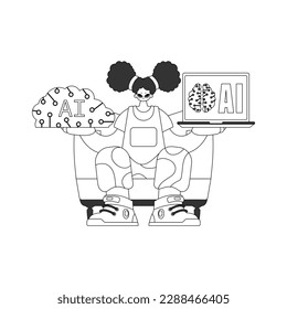 Girl holds model of AI, drawn in line art