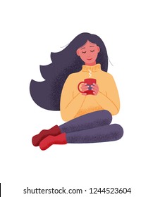 A girl holds a mug of hot drink in his hands. The girl is sitting in a warm sweater. Vector illustration in flat style with textures.