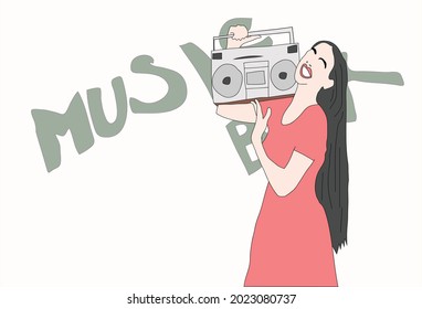girl holds an old cassette player in her hands and sings, vector drawing with her free hand 