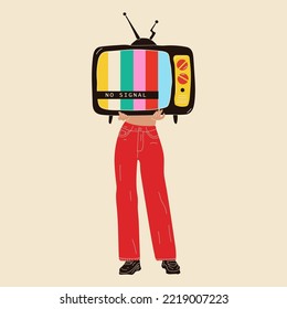 Girl holds an old tv in her hands .Retro fashion style from 80s. Vector illustrations in trendy colors.	