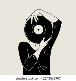 Girl holds an old vinyl record in her hands .Retro fashion style from 80s. Vector illustrations in black and white colors.