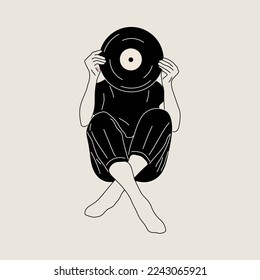 Girl holds an old vinyl record in her hands .Retro fashion style from 80s. Vector illustrations in black and white colors.