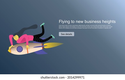The girl holds on to the rocket with her hands and flies Vector banner