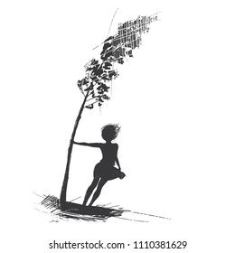girl holds onto a tree, the wind blows strong. Sketch