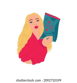 The girl holds a pack in her hand. Chips. Vector graphics in the flat style.