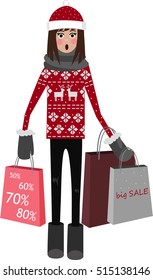 The girl holds packages. Surprised shopper.  Big Sale. Vector illustration in flat style Girl with Santa hat and christmas sweater.