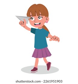 Girl holds paper plane. Happy kid playing with paper airplane.