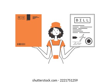 The girl holds a parcel and a check in her hands. The concept of the delivery of goods and parcels. Linear style. Isolated on white background. Vector illustration.