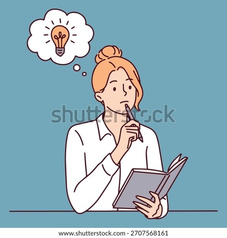 Girl holds a pen and notebook while thinking about a new creative plan. Young student or writer gets a brilliant inspiration represented by a light bulb.