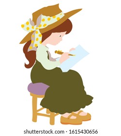 A girl holds a pen and writes in papers, a child draws on a white page, a child writes in a blank sheet - vector