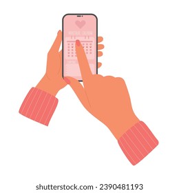 Girl holds phone in hands with a menstruation calendar tracker. Women's health care app. Period ovulation days control. 
