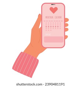 Girl holds phone with a menstruation calendar app. Women's health care tracker. Period ovulation days app. 
