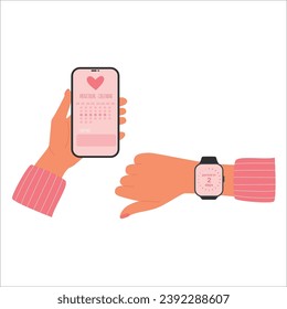 Girl holds phone with a menstruation calendar app with synchronization with smart watch. Period ovulation days tracker. 
