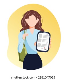 The girl holds the phone and shows it. Online shopping and cash back. Vector Stock illustration. isolated. Yellow spot. Style without a face