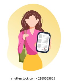 The girl holds the phone and shows it.Modern design for platforms. Online shopping and cash back. Vector Stock illustration. isolated. Yellow spot. Style without a face