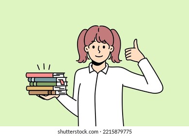 Girl holds pile of paper books, shows thumb up. Schoolgirl with textbooks loves to read, bookworm demonstrate like hand gesture. Student passed exam successfully. Vector outline coloured illustration.