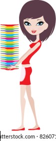 Girl holds a pile of plates. vector, color full, no gradient, white background