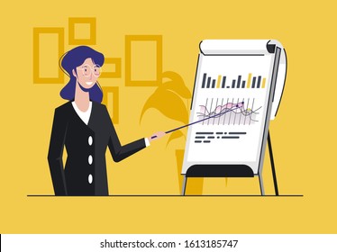 The girl holds a pointer in her hand, points to the analytical data on the flipchart, the businesswoman shows a demonstration