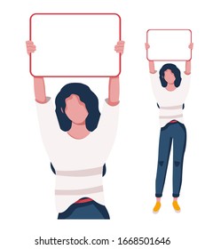 A girl holds a poster to demonstrate something. Place for the text. Vector illustration to demonstrate information.