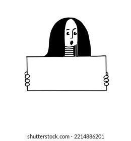 A girl holds a poster in her hands. Picket. Black and white vector illustration