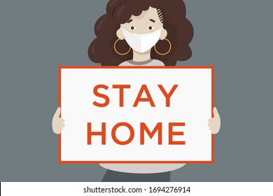 Girl holds a poster with the text stay home. Quarantine and self-isolation, precautions in connection with coronavirus covid-19