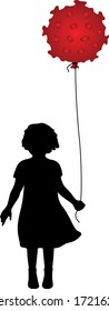 A girl holds a red balloon with a coronavirus. Silhouette. Symbol of the impossibility of a holiday, parade or party.