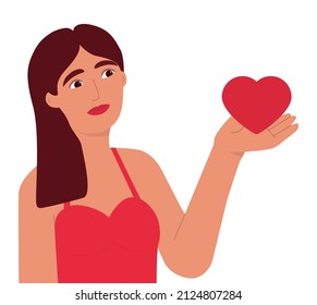 Girl holds red heart in her palm. Young woman shows heart in her hand. Symbol of appreciation, sympathy, love, like. Valentine's day, holiday, congratulation. Cartoon character, woman in red dress