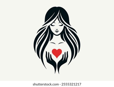 Girl holds red heart in her palms. Young woman shows heart in her hands. Symbol of appreciation, sympathy, love, like. Cartoon character, logo, icon, flyer. Valentines day, holiday, congratulation