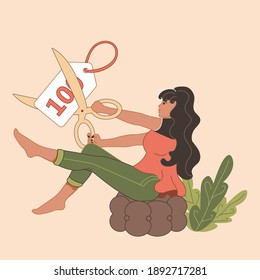 The girl holds the scissors in her hands and cuts the price in half. Sale and big discounts concept. Vector isolated illustration