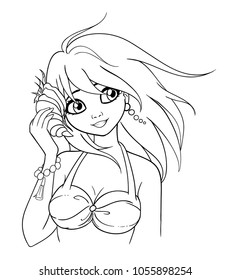 Girl holds a seashell. Woman wearing swimsuit and pearl earrings. Vector Eps 10. Can be used for coloring book, T-shirt, tattoo, print and cards. Black and white colors. 