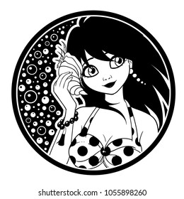 Girl holds a seashell. Woman wearing swimsuit and pearl earrings. Vector Eps 10. Can be used for coloring book, T-shirt, tattoo, sticker, print and cards. Black and white colors. 