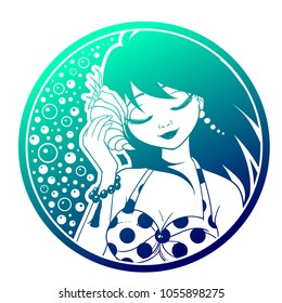 Girl holds a seashell. Woman wearing swimsuit and pearl earrings. Colorful vector illustration. Can be used for coloring book, T-shirt, tattoo, sticker, print and cards. Gradient coloring. 