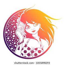 Girl holds a seashell. Woman wearing swimsuit and pearl earrings. Colorful vector illustration. Can be used for coloring book, T-shirt, tattoo, sticker, print and cards. Gradient coloring. 