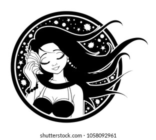 Girl holds a seashell. Woman wearing swimsuit and pearl earrings. Vector Eps 10. Can be used for coloring book, T-shirt, tattoo, sticker, print and cards. Black and white colors. 