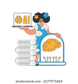 Girl holds a server with AI, illustrated in vector form.