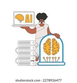 Girl holds server with AI, vector art.