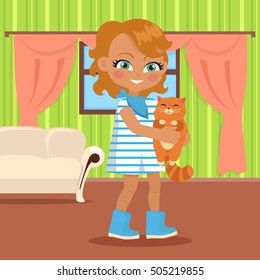 Girl holds small cat in her hands. Little girl has leisure time. School girl during break. Young lady at home, playing with toy kitten. Favourite toy. Daily activity. Vector