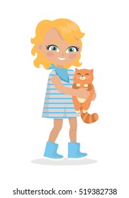 Girl holds small cat in her hands isolated white  Little girl has leisure time  School girl during break  Young lady at playground  playing and toy kitten  Favourite toy  Daily activity  Vector