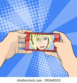 Girl holds a smart phone in his hands and makes selfie. Vector