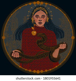 A girl holds a snake in her arms, a snake reaches for an apple