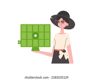 The girl holds a solar panel in her hand. Green energy concept. Isolated. trendy style. Vector illustration.