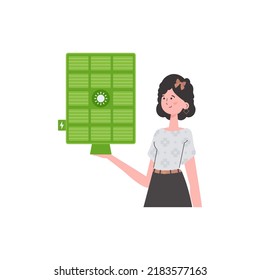 The girl holds a solar panel in her hand. Green energy concept. Isolated. Vector. trendy style.