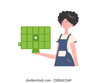 The girl holds a solar panel in her hand. Eco energy concept. Isolated on white background. trendy style. Vector illustration.