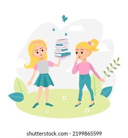The girl holds a stack of books in her hand. The other girl is looking at her and wondering. Vector illustration