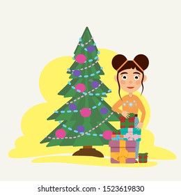 Girl holds a stack of gifts wrapped for Christmas. Decorated Christmas tree. Winter fun. Christmas and New Year. Vector illustration