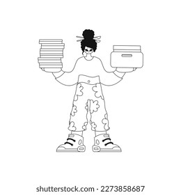 Girl holds stacks of papers. Illustration in vectorform.