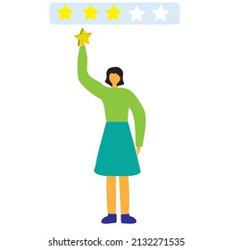 
girl holds a star, giving five stars feedback, leaves positive feedback, consumer feedback, cartoon illustration, flat design style