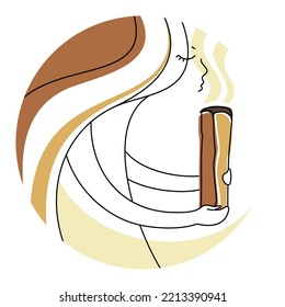 The girl holds a stick of Palo Santo, enjoys the aroma. Palo Santo incense stick from Latin America. Flat vector illustration.