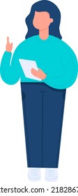 
the girl holds a tablet in her hands and raises her finger up